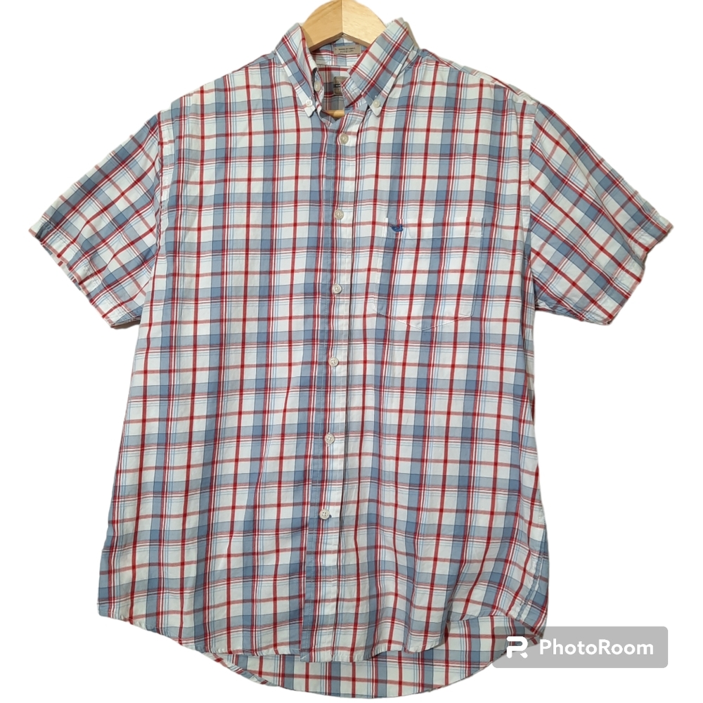 SOUTHERN MARSH Short Sleeve Button Down Collar Shirt Red White Blue Plaid Cotton